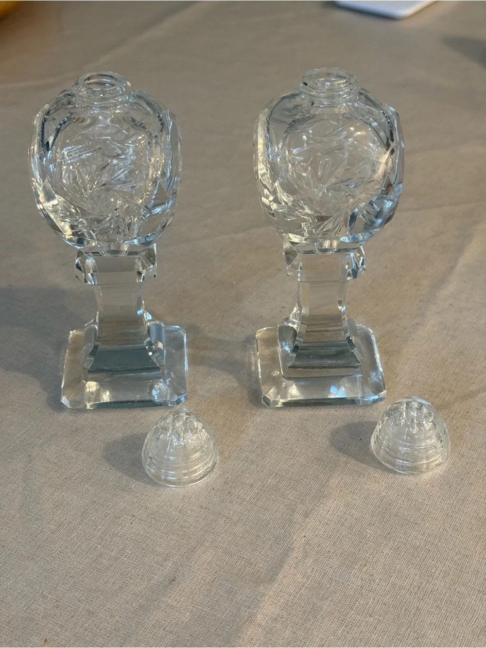 Vintage Cut Crystal Salt and Pepper Shaker Set with Glass tops Clear 5”